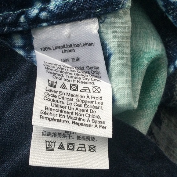 Donna Karan Shirt Large Linen Button Up Blues Teal Navy - Picture 5 of 12